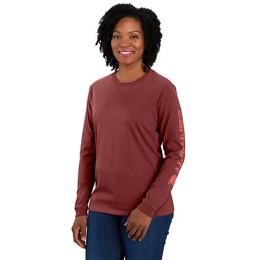 Carhartt Women's Loose Fit Heavyweight Long-Sleeve Logo Sleeve Graphic T-Shirt (Brownwood) Size XL