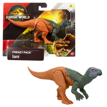 Jurassic World Rebirth Frenzy Pack Iani figure in orange and green, shown with its package