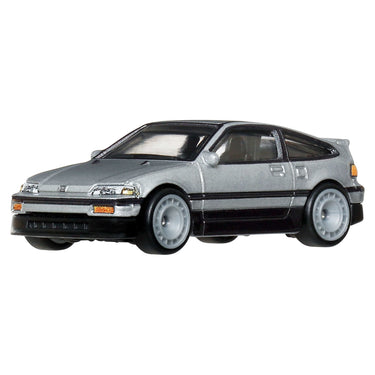 Front three-quarter view of the silver Hot Wheels '88 Honda CRX die-cast car
