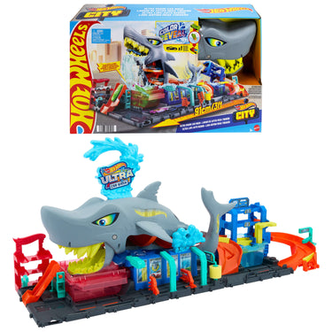 Hot Wheels City Ultra Shark Car Wash playset with giant gray shark, shown with its retail box