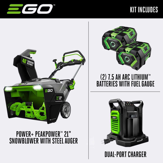 EGO Power+ Peak Power 21 in. Single stage 56 V Battery Snow Blower Kit (Battery & Charger) W/ STEEL AUGER & TWO 7.5 AH BATTERIES