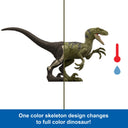 Split view of a raptor figure showing the skeleton design on one side and the full color deco on the other