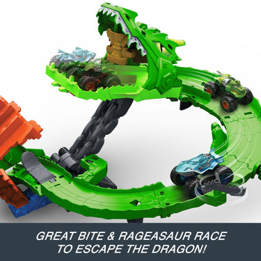 Great Bite and Rageasaur monster trucks racing along the dragon's green track