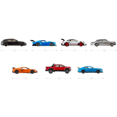 Side views of seven Hot Wheels Premium 1:43 scale cars in the assortment