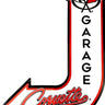 A J-shaped metal sign for Corvette Garage, featuring a white background with a bold red and black border, the Corvette script logo at the bottom pointing left, and the word 'GARAGE' vertically printed in black with a Corvette flag emblem at the top.