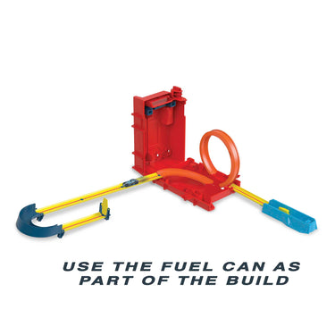 Red fuel can case used as part of a track build with a loop, curves and a blue launcher