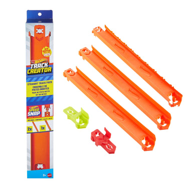 Hot Wheels Track Creator Straight Track Pack package with three orange track pieces and two adapters