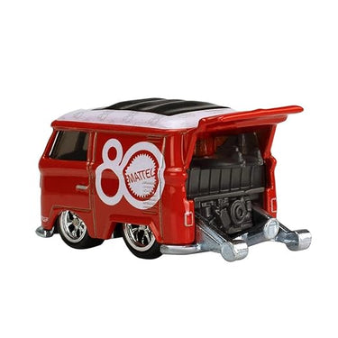 Rear three-quarter view of the red Kool Kombi showing its chrome rear engine