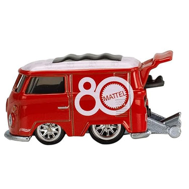 Driver-side view of the red Kool Kombi with exposed rear engine and 80 Mattel graphic