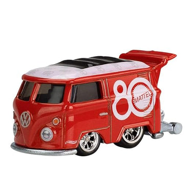 Front three-quarter view of the red Hot Wheels Kool Kombi with VW logo