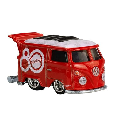 Red Hot Wheels Volkswagen Kool Kombi with white roof and Mattel 80th anniversary logo