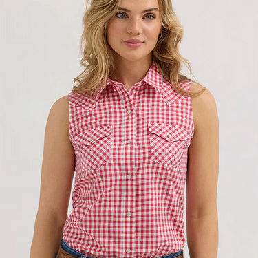 Wrangler Women's Retro Sleeveless Snap Stretch Western Shirt (Red/White) Size XL