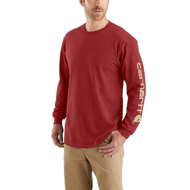 Carhartt Loose Fit Heavyweight Long-Sleeve Logo Sleeve Graphic T-Shirt (Crabapple Heather/Oat Milk) Size XL