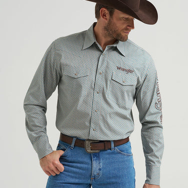 Wrangler Men's Logo Long-Sleeve Western Snap Shirt (Blue/Grey) Size XL