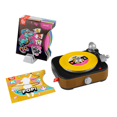 Fisher-Price Rockin' Record Player toy turntable with record sleeves and storage rack