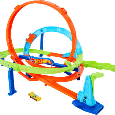 Hot Wheels Action Loop Cyclone Challenge track set with orange and blue loops, green track and one yellow car