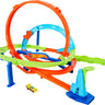 Hot Wheels Action Loop Cyclone Challenge track set with orange and blue loops, green track and one yellow car