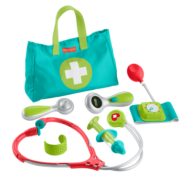 Fisher-Price Medical Kit with teal doctor bag, stethoscope, thermometer, otoscope, syringe and blood pressure cuff
