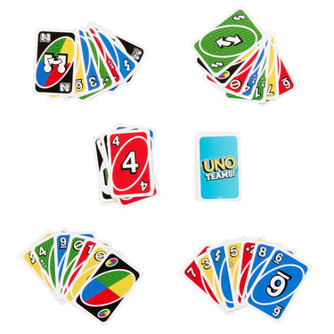 Overhead view of four UNO Teams hands dealt around the draw pile and the box