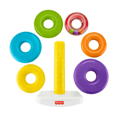 Six Giant Rock-a-Stack rings arranged around the yellow post and white rocking base