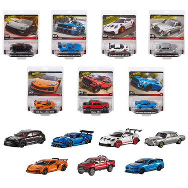 Hot Wheels Premium 1:43 scale assortment showing seven packaged cars and the same cars out of the package
