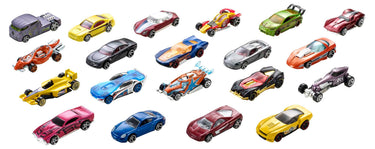 Example assortment of 20 Hot Wheels 1:64 scale cars laid out in rows