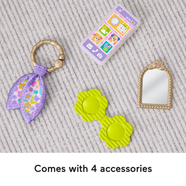Four purse accessories: cell phone rattle, mirror, sunglasses teether and crinkle scarf
