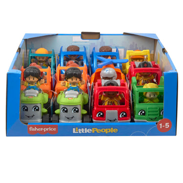 Display box of assorted Fisher-Price Little People small vehicles with figures
