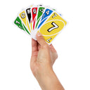 Hand holding a fan of UNO Teams cards in red, blue, green and yellow
