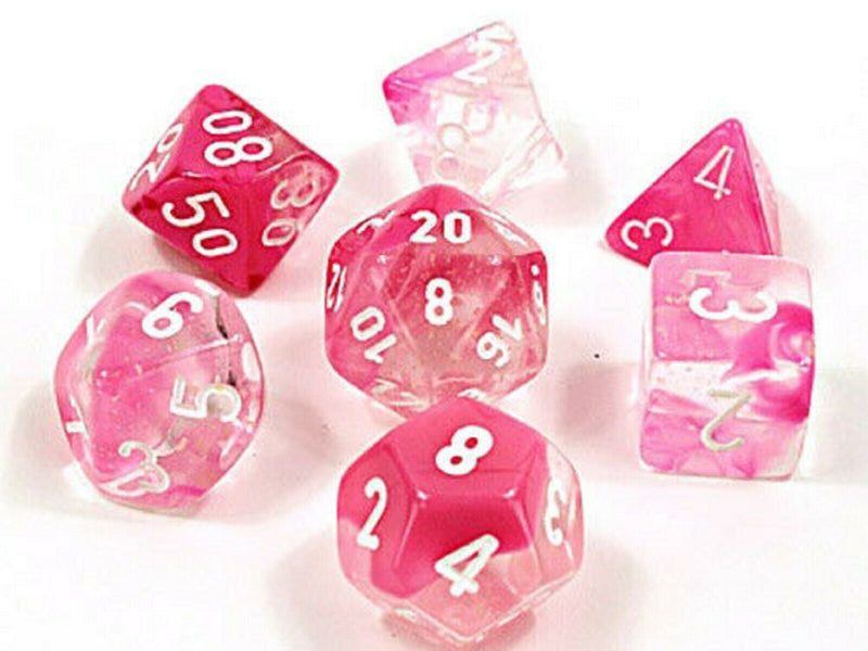 Load image into Gallery viewer, Chessex LAB DICE Gemini 7-Die Set (Clear-Pink/White) Luminary Effect
