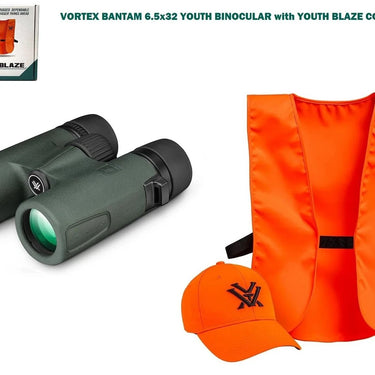 New Vortex Bantam HD 6.5x32 Youth Binocular w/ Blaze Combo Kit Hunting Vest/Cap