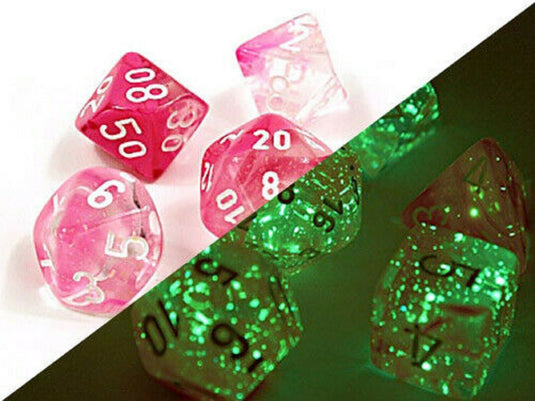 Chessex LAB DICE Gemini 7-Die Set (Clear-Pink/White) Luminary Effect
