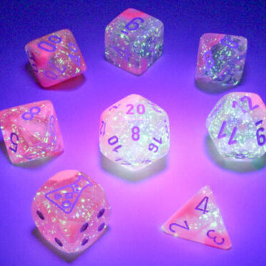 Chessex LAB DICE Gemini 7-Die Set (Clear-Pink/White) Luminary Effect