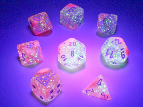 Load image into Gallery viewer, Chessex LAB DICE Gemini 7-Die Set (Clear-Pink/White) Luminary Effect
