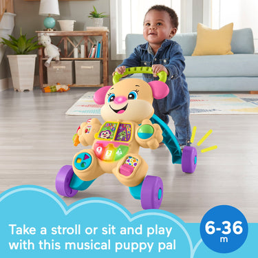 Toddler walking behind the Learn With Sis Walker in a living room