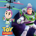 Buzz Lightyear flying helicopter next to Toy Story Buzz Lightyear artwork