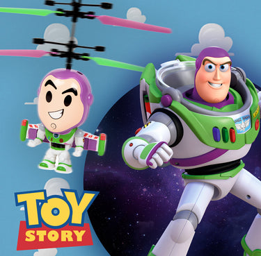 Buzz Lightyear flying helicopter next to Toy Story Buzz Lightyear artwork