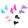 Five pairs of Barbie doll shoes: blue platform heels, pink strappy heels, purple sneakers, pink sandals and black boots