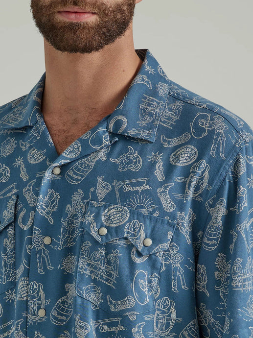 Wrangler Mens L Navy Print Coconut Cowboy Shirt