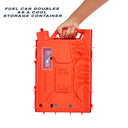 Hand carrying the closed red fuel can case by its handle as a storage container