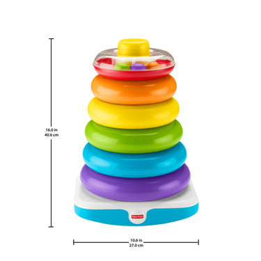 Fully stacked Fisher-Price Giant Rock-a-Stack with height and width measurement lines