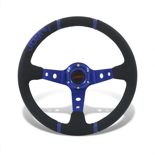 JDM Sport Universal 350mm PVC Leather Deep Dish Style Aluminum Steering Wheel Black Center with Blue 4 Pin Stripes