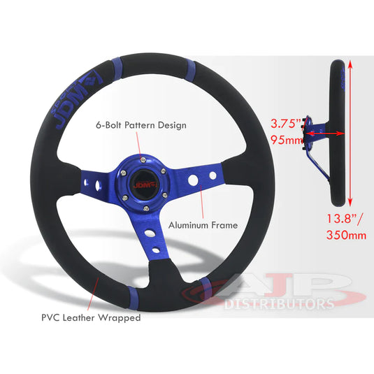 JDM Sport Universal 350mm PVC Leather Deep Dish Style Aluminum Steering Wheel Black Center with Blue 4 Pin Stripes