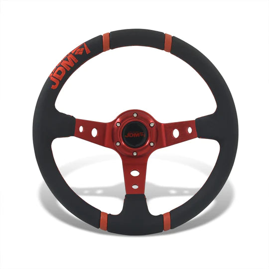 Load image into Gallery viewer, JDM Sport Universal 350mm PVC Leather Deep Dish Style Aluminum Steering Wheel Black Center with Red 4 Pin Stripes
