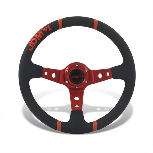 JDM Sport Universal 350mm PVC Leather Deep Dish Style Aluminum Steering Wheel Black Center with Red 4 Pin Stripes