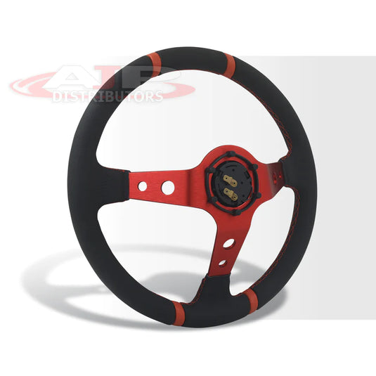 JDM Sport Universal 350mm PVC Leather Deep Dish Style Aluminum Steering Wheel Black Center with Red 4 Pin Stripes