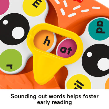 Close-up of the Spin 'n Rhyme spinners forming the word hat