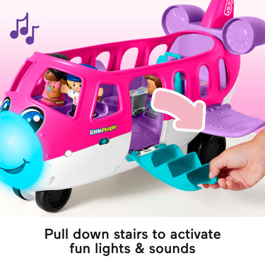 Hand pulling down the stairs on the Barbie Little Dream Plane to turn on the lights and sounds