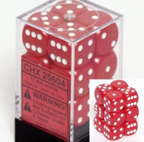 Chessex Dice D6 Sets: Opaque Red with White - 16Mm Six Sided Die (12) Block of Dice