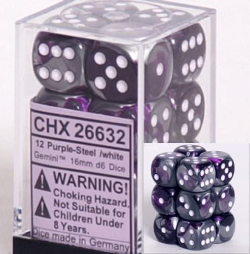 Chessex Dice d6 Sets: Gemini Purple & Steel with White - 16mm Six Sided Die (12) Block of Dice